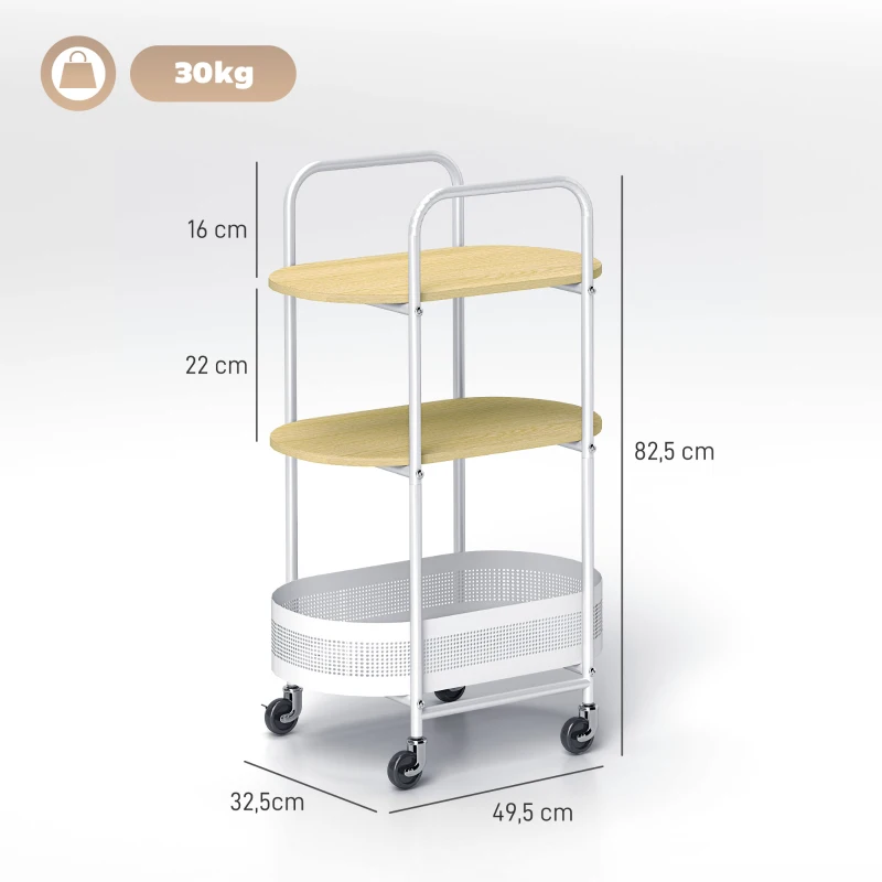 HOMCOM Carrinho Auxiliar com Rodas Carrinho de Cozinha de 3 Níveis com Cesta e Prateleiras 49,5x32,5x82,5 Branco e Madeira