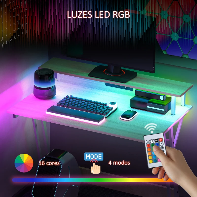 HOMCOM Secretária Gaming com Luzes LED 100x60x88,5 cm com Tomadas de Corrente Suporte para Monitor Prateleiras e Controlo Remoto Madeira