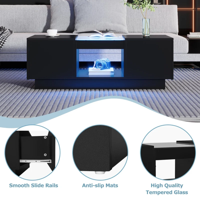 Modern 2-Tier Design LED Coffee Table with Storage, Smart App-Controlled LED Lights and 2 Drawers, 100L x 50W x 35.5H cm, Black