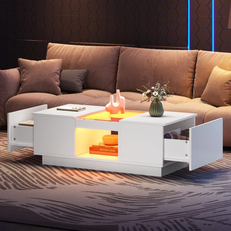 Modern LED Coffee Table with Storage, 2 Tiers and Drawers, Smart App Control, 100L x 50W x 35.5H cm, White