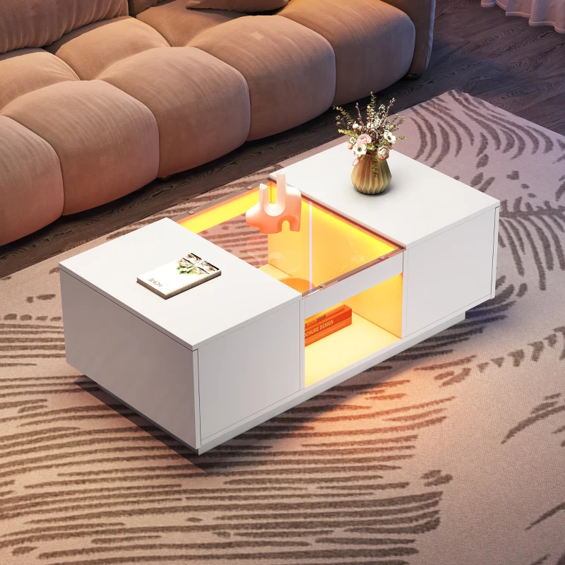 Modern LED Coffee Table with Storage, 2 Tiers and Drawers, Smart App Control, 100L x 50W x 35.5H cm, White