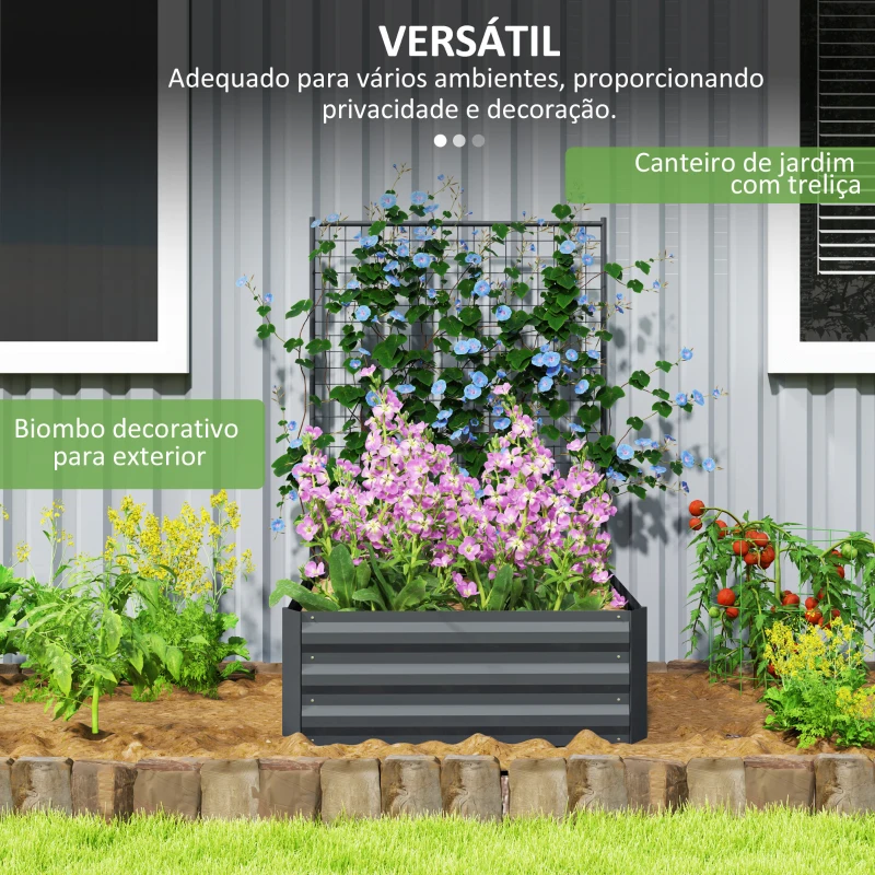 Outsunny Caixa de Plantio de Aço Galvanizado com Treliça para Plantas Trepadeiras e Fundo Aberto 80x115x125 cm Cinza Escuro