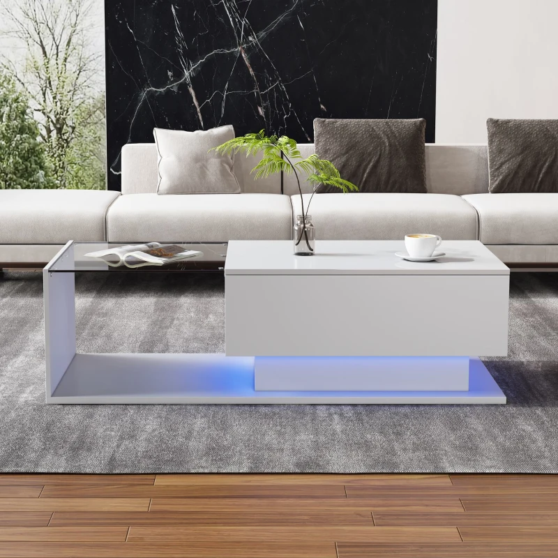Modern LED Coffee Table with High Gloss Finish, Glass Top and Drawer, 100L x 50W x 32H cm, White
