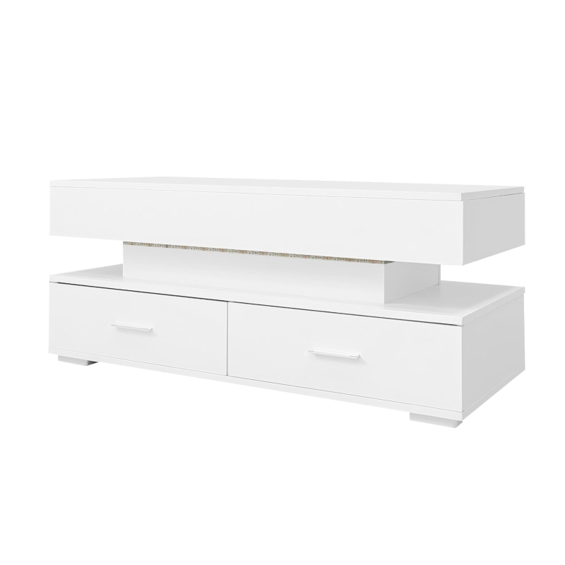 Hydraulic Lift Top Coffee Table with LED Lighting, 2 Drawers and Storage, 100L x 50W x 44H cm, White
