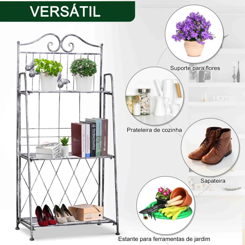 Outsunny Suporte para Plantas Dobrável Suporte para Vasos de Plantas de 3 Níveis com Estrutura de Metal 44x25x96 cm Prata