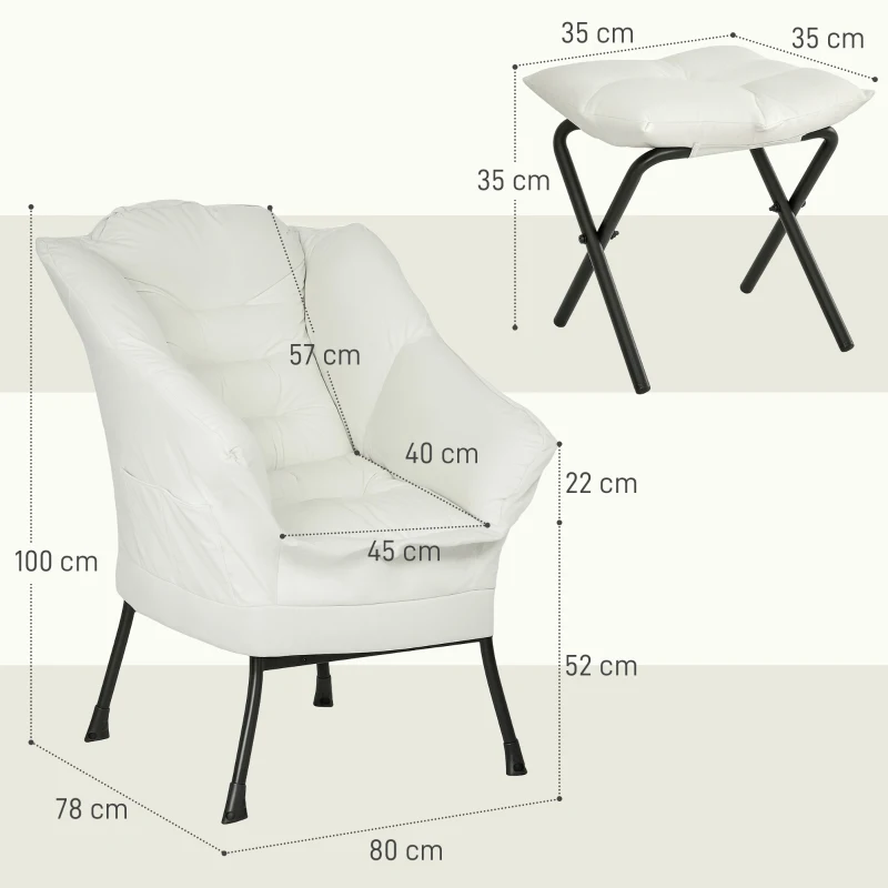 HOMCOM Poltrona Sala de Estar com Apoio para os Pés Poltrona Relax para Leitura com Bolsos Laterais 80x78x100 cm Creme