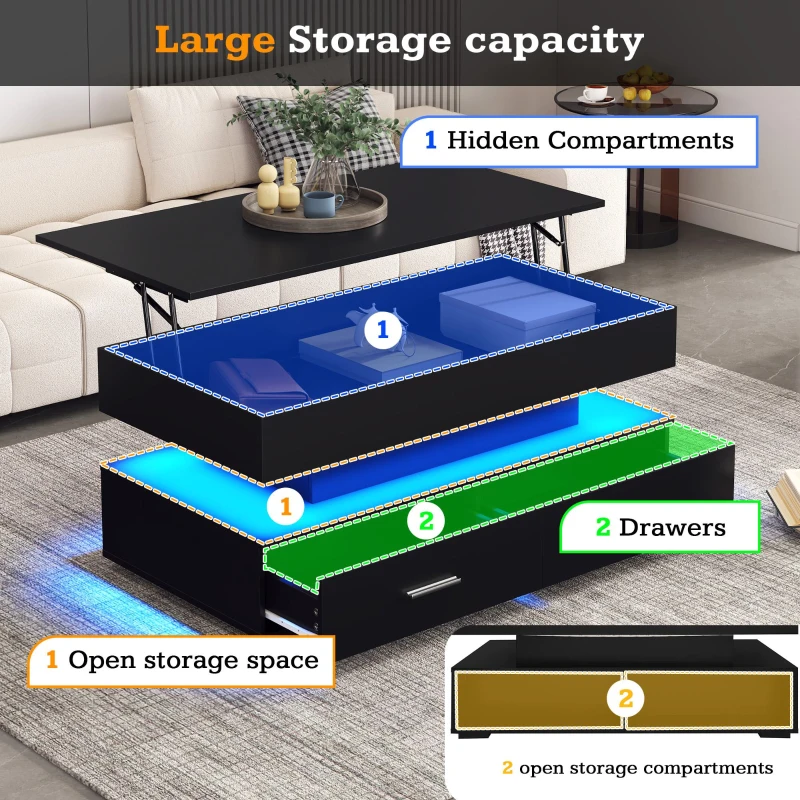 Hydraulic Lift Top Coffee Table with LED Lighting, 2 Drawers and Storage Space, 100L x 50W x 44H cm, Black