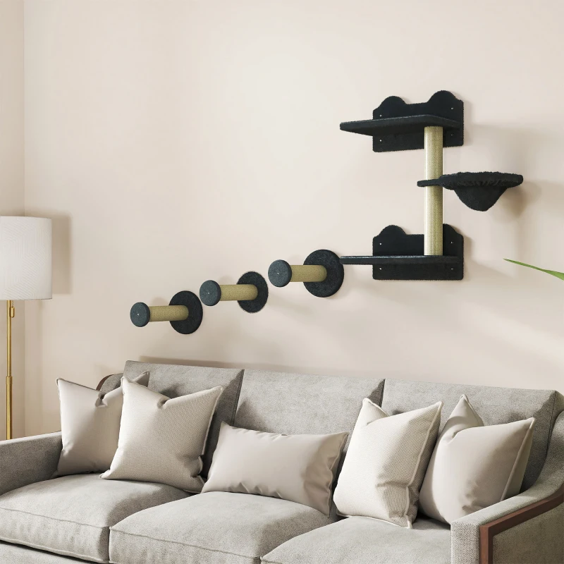 PawHut Conjunto de Prateleiras de Parede para Gatos de 4 Peças com 3 Postes de Sisal Rede e 1 Plataforma para Saltar de 3 Níveis Cinza