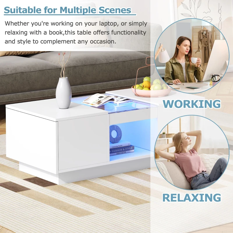 Modern LED Coffee Table with Storage, 2 Tiers and Drawers, Smart App Control, 100L x 50W x 35.5H cm, White