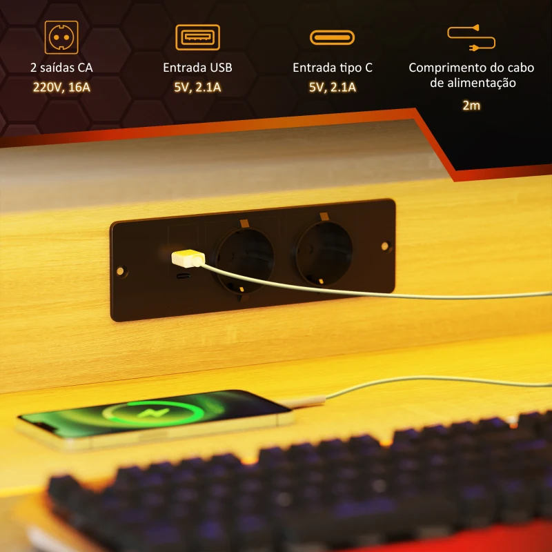 HOMCOM Secretária Gaming com Luzes LED 100x60x88,5 cm com Tomadas de Corrente Suporte para Monitor Prateleiras e Controlo Remoto Madeira