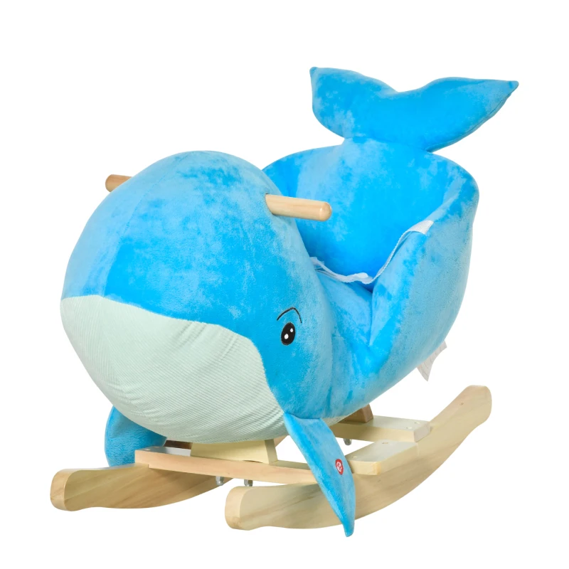 HOMCOM Baloiço com Forma de Baleia para Crianças de 18-36 Meses Baloiço de Pelúcia com Sons Cinto de Segurança e Apoio para os Pés 60x33x50 cm Azul
