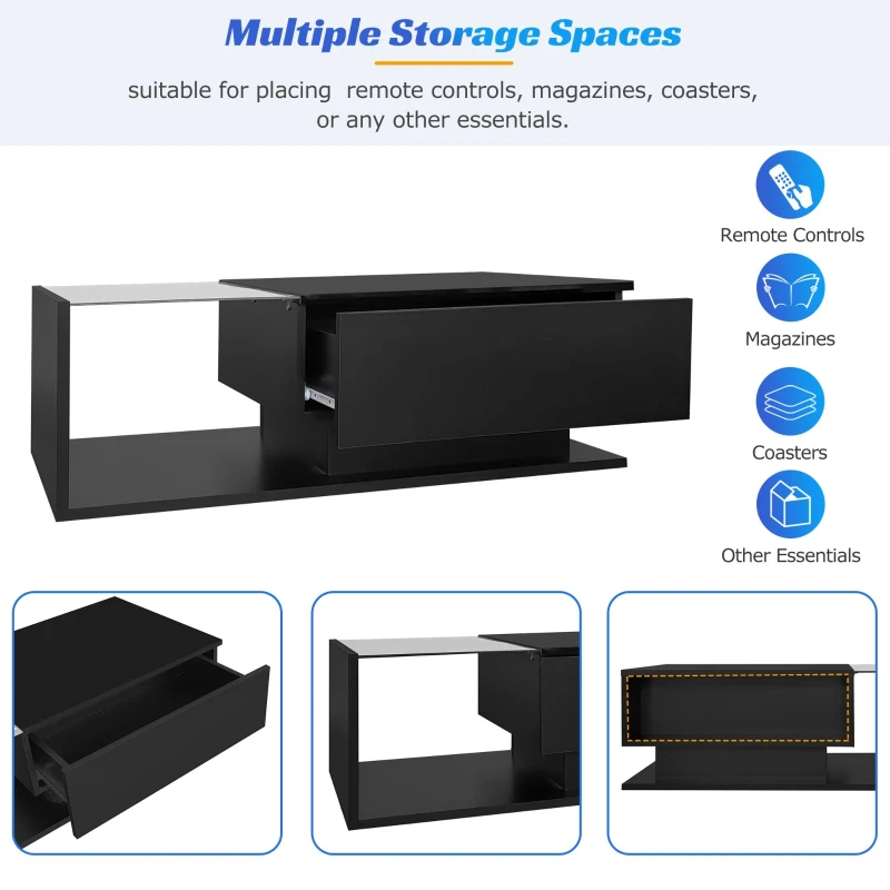 LED Coffee Table with Smart App-Controlled RGB Lighting, High Gloss Finish, Glass Top and Drawer, 100L x 50W x 32H cm, Black