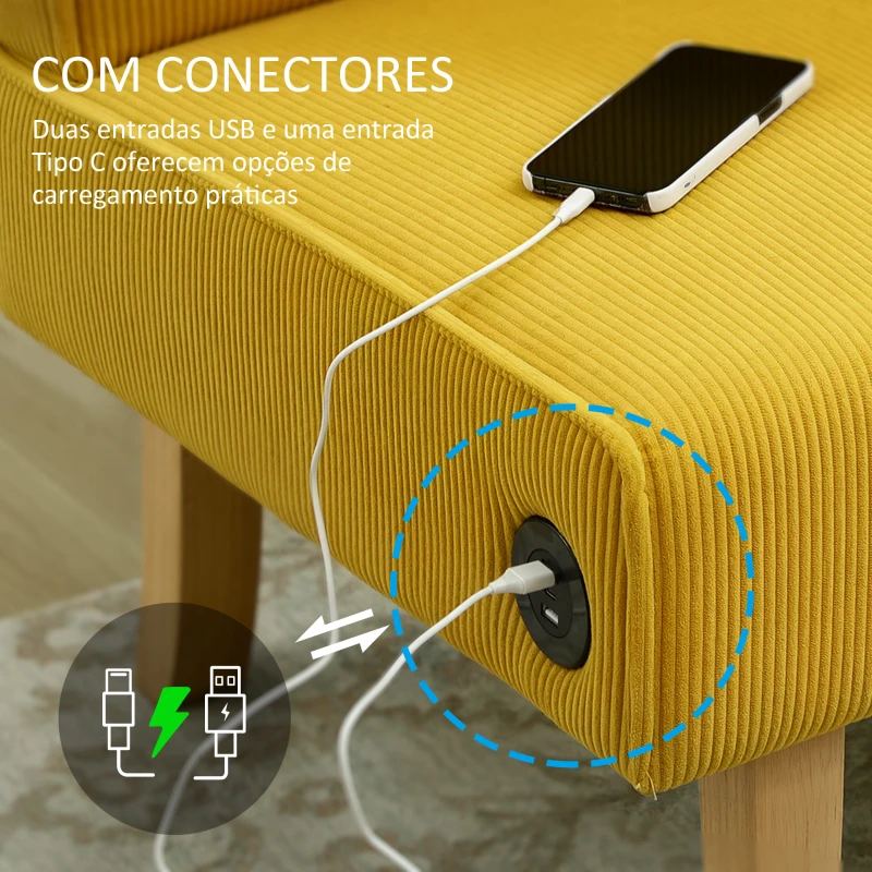 HOMCOM Sofá de 2 Lugares Estofado em Veludo Cotelê Sofá Sala de Estar com 2 Entradas USB 1 Entrada Tipo C 110x60x85 cm Amarelo