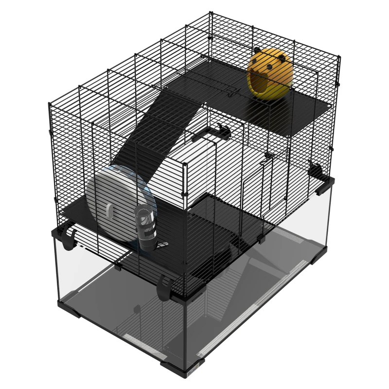 PawHut Gaiola para Hamster com Fundo de Vidro Plataformas Comedouro Bebedouro Casa Rampas e Roda de Exercício 60x40x54,5 cm Preto