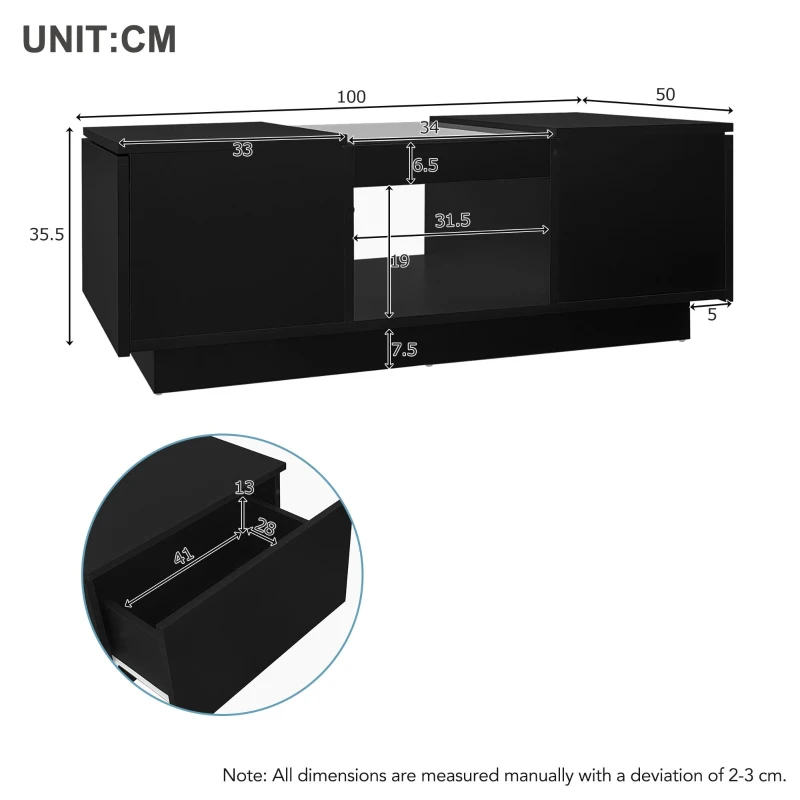 Modern 2-Tier Design LED Coffee Table with Storage, Smart App-Controlled LED Lights and 2 Drawers, 100L x 50W x 35.5H cm, Black
