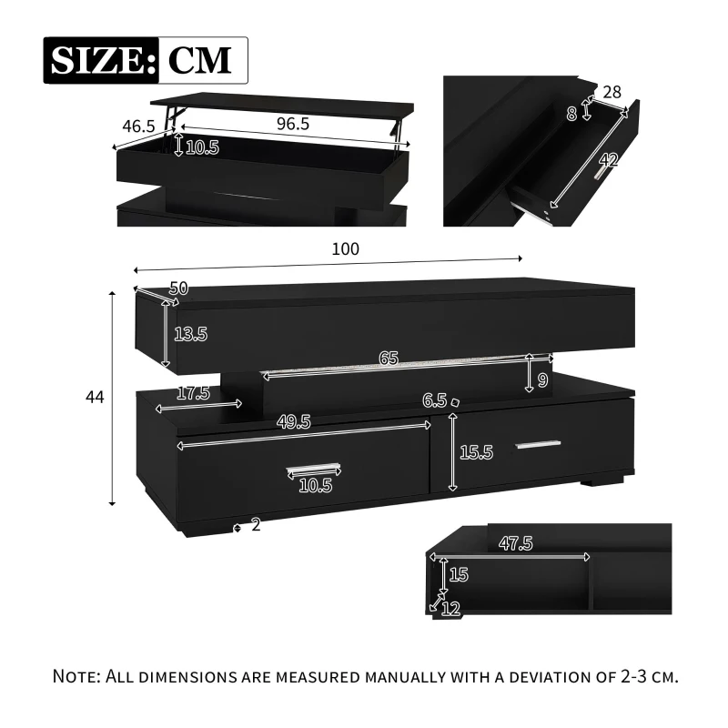 Hydraulic Lift Top Coffee Table with LED Lighting, 2 Drawers and Storage Space, 100L x 50W x 44H cm, Black