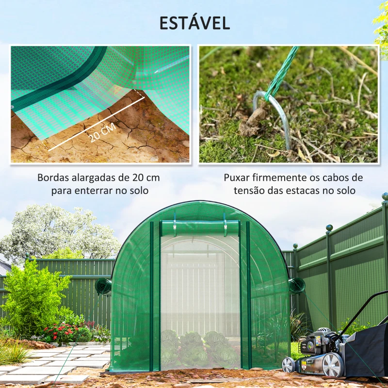 Outsunny Estufa Tipo Túnel 447x200x198 cm com Paredes Laterais Enroláveis Cobertura Extra 8 Janelas de Malha e 2 Portas Verde