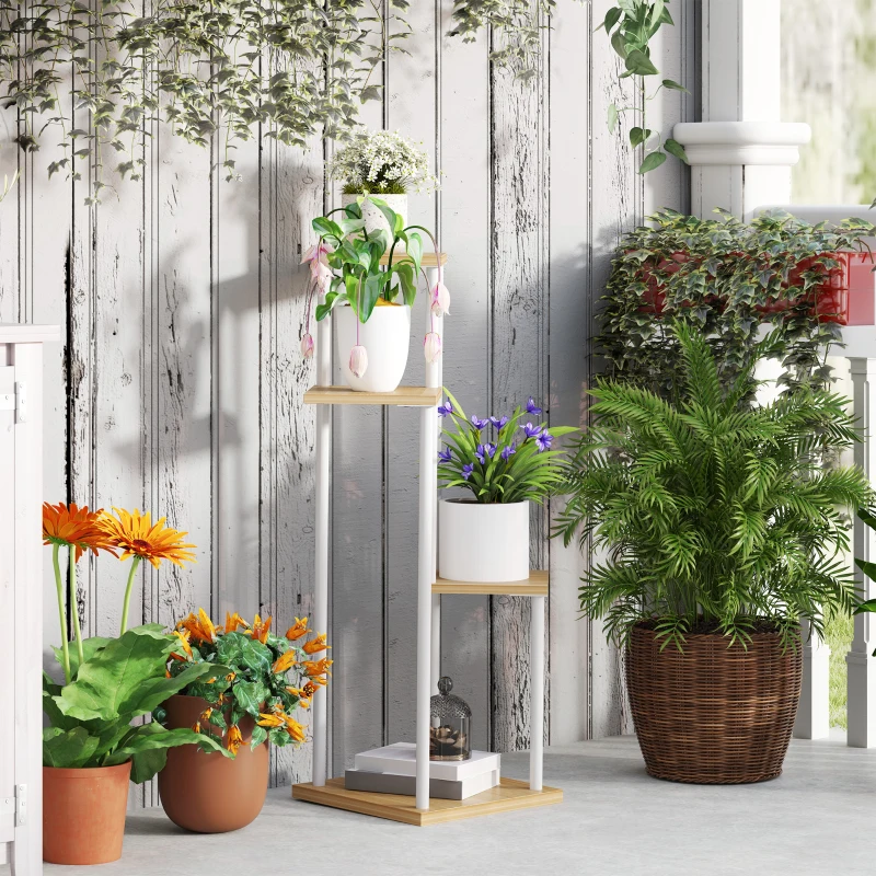 Outsunny Suporte para Plantas de 4 Níveis de Madeira e Aço para Interior e Exterior 53x42x85 cm Madeira e Branco