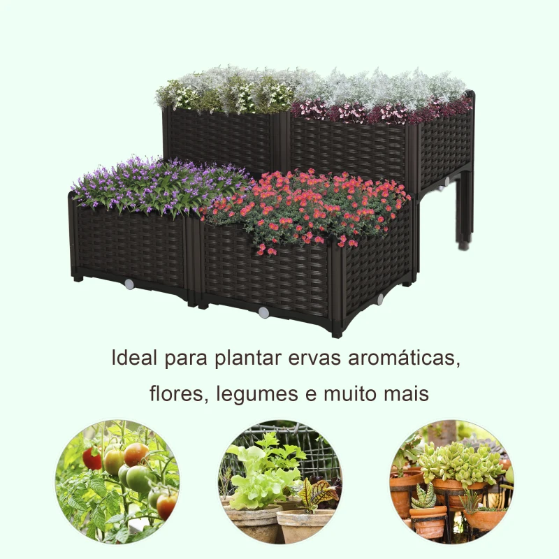 Outsunny Conjunto de 4 Floreiras Quadradas Floreiras para Flores e Vegetais com Orifícios de Drenagem e Pés Altos 80x40x26-44 cm  Marrom