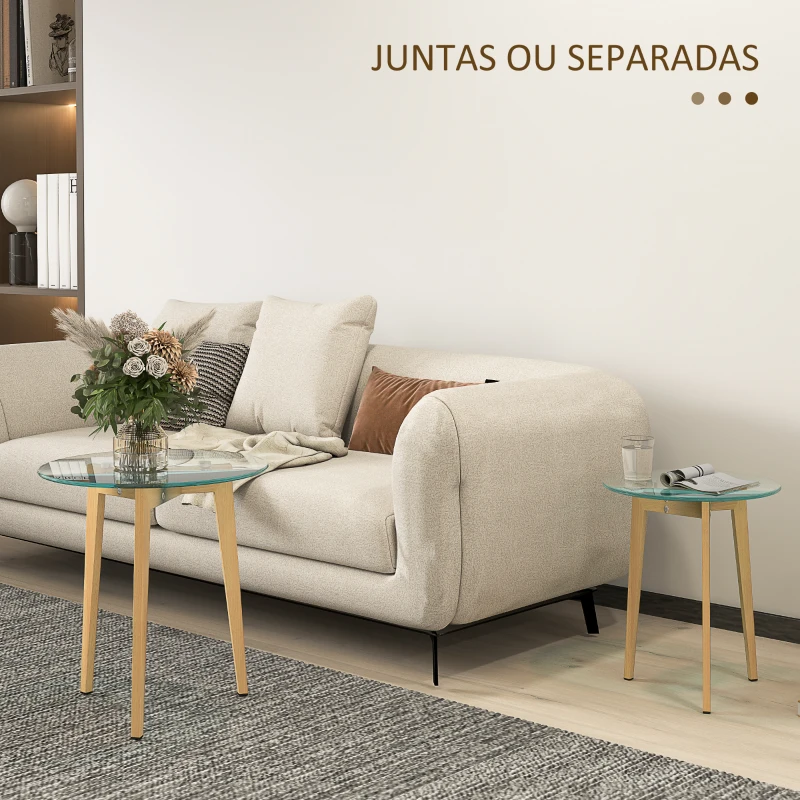 HOMCOM Conjunto de 2 Mesas de Apoio Modernas com Bancada de Vidro Temperado e Estrutura Metálica Ø50x45 cm e Ø40x40 cm Transparente