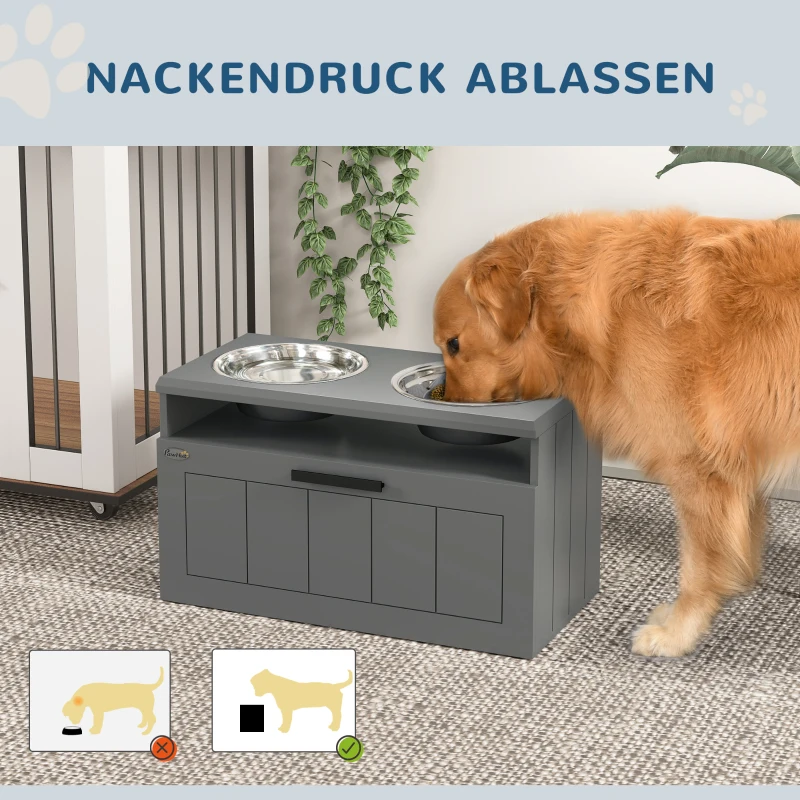 PawHut Voerstation voor Grote Honden, met 2 Roestvrijstalen Kommen, Lade, Voederautomaat voor huisdieren, MDF, Staal, Grijs
