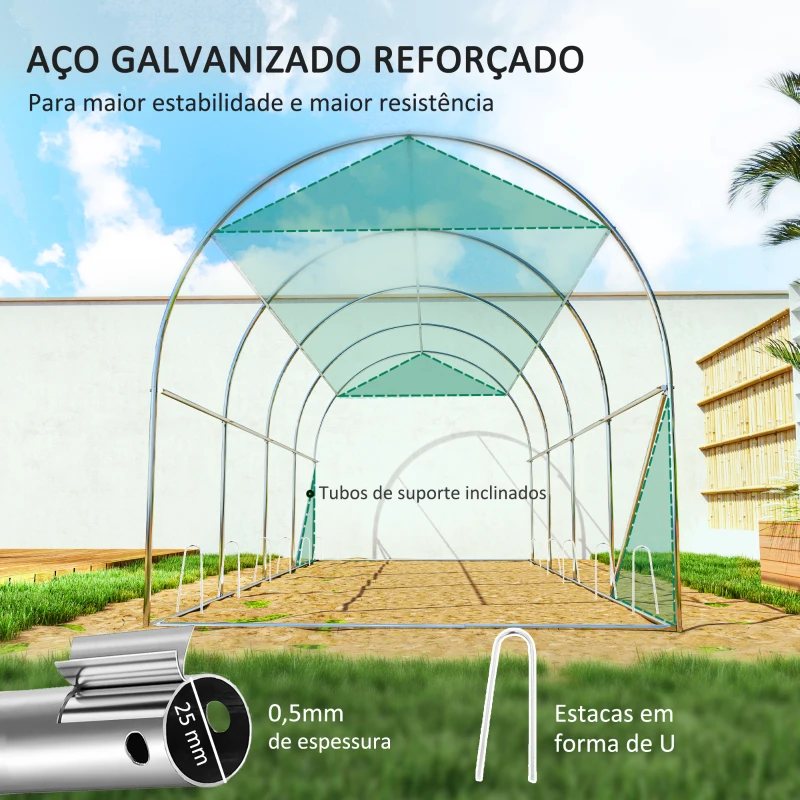 Outsunny Estufa Tipo Túnel 447x200x198 cm com Paredes Laterais Enroláveis Cobertura Extra 8 Janelas de Malha e 2 Portas Verde