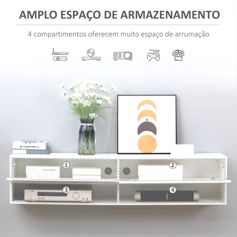 HOMCOM Móvel de TV de Parede com 2 Compartimentos e 2 Armários com  para Televisores de 60 Polegadas 140x32x31 cm Branco