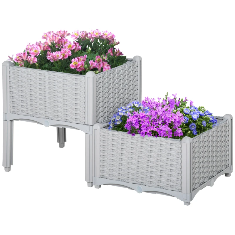 Outsunny Conjunto de 2 Floreiras Quadradas Floreiras para Flores e Vegetais com Orifícios de Drenagem e Pés Altos 40x40x26-44 cm Cinza