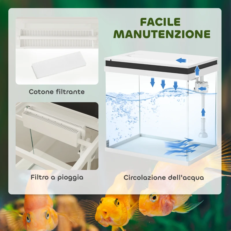 PawHut Acquario per Pesci Rossi 26L con Luci LED, Sistema di Filtraggio e Pompa d'Acqua, 38x26x38 cm, Bianco