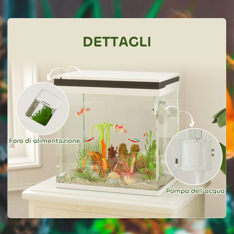 PawHut Acquario per Pesci Rossi 26L con Luci LED, Sistema di Filtraggio e Pompa d'Acqua, 38x26x38 cm, Bianco