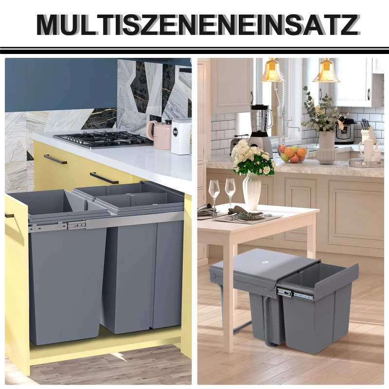 HOMCOM Inbouwafvalbak met 3 Afvalemmers voor Afvalscheiding, Railsysteem, Inbouwbaar, 3-Delig Afvalcontainerset, Grijs