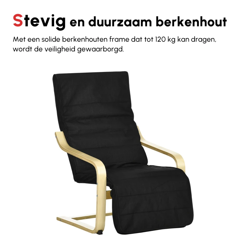 HOMCOM Fauteuil, fauteuil, verstelbare voetsteun, kussen, hout+zwart, 66,5 x 94 x 100 cm