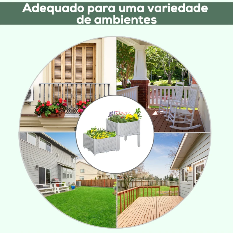 Outsunny Conjunto de 2 Floreiras Quadradas Floreiras para Flores e Vegetais com Orifícios de Drenagem e Pés Altos 40x40x26-44 cm Cinza