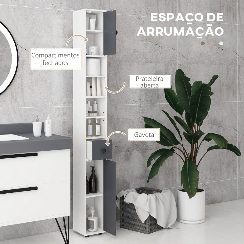 kleankin Coluna Casa de Banho Moderna com 1 Gaveta 5 Prateleiras Ajustáveis e 2 Armários 20x20x180 cm Cinza