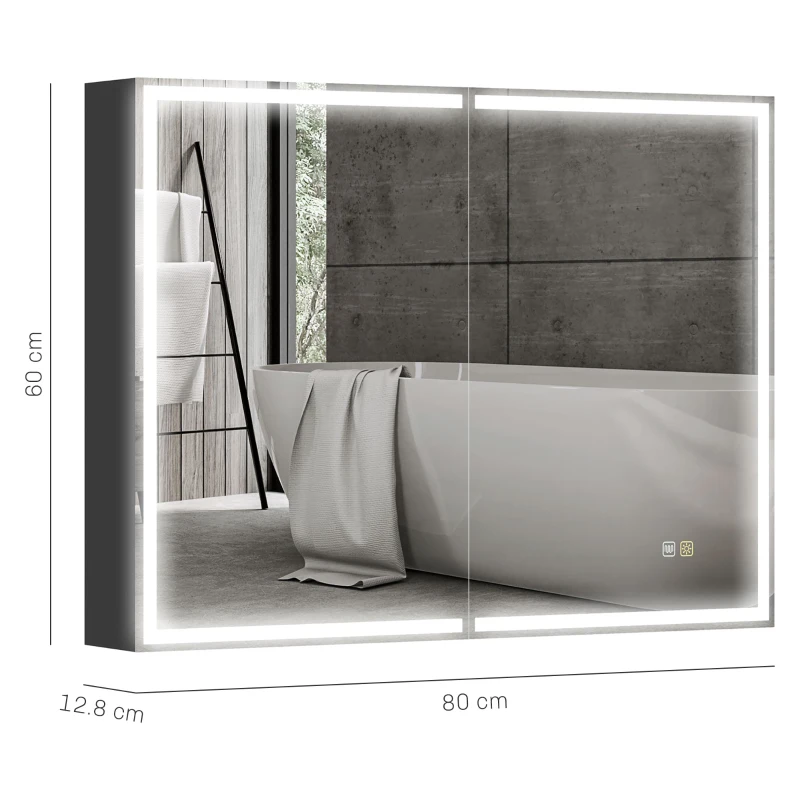HOMCOM Armadietto a Specchio d Bagno con Luci LED e Ripiani Regolabili, in Vetro e Alluminio, 80x12.8x60 cm, Nero
