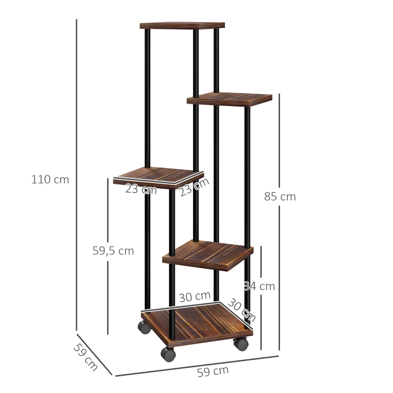 Outsunny Suporte para Plantas de Madeira e Aço com 5 Prateleiras e 4 Rodas Suporte para Plantas para Interior e Exterior 59x59x110 cm Madeira