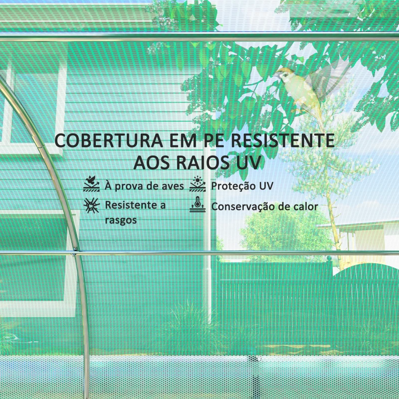 Outsunny Estufa Tipo Túnel 447x200x198 cm com Paredes Laterais Enroláveis Cobertura Extra 8 Janelas de Malha e 2 Portas Verde