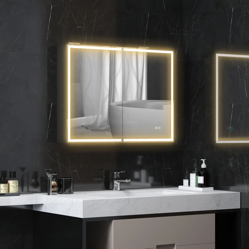 HOMCOM Armadietto a Specchio d Bagno con Luci LED e Ripiani Regolabili, in Vetro e Alluminio, 80x12.8x60 cm, Nero