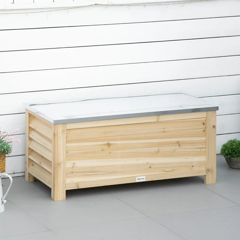 Outsunny Baú de Jardim Carga 155L Baú de Armazenamento Exterior de Madeira com Tampa de Metal Galvanizado110x50x50 cm Madeira