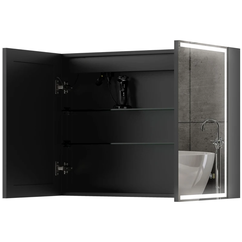 HOMCOM Armadietto a Specchio d Bagno con Luci LED e Ripiani Regolabili, in Vetro e Alluminio, 80x12.8x60 cm, Nero