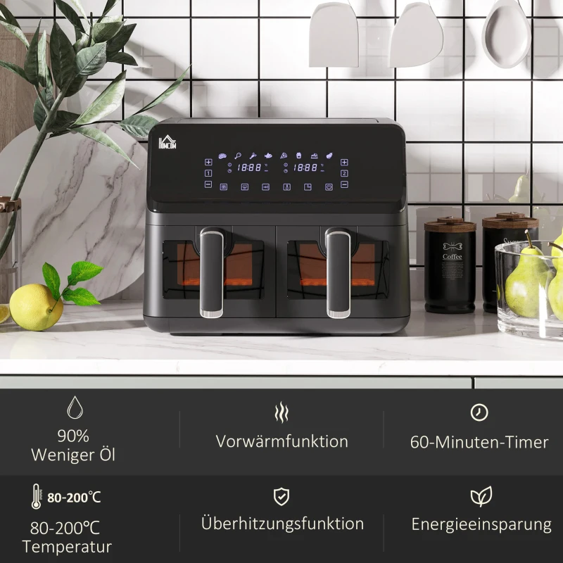 HOMCOM Frytkownica na gorące powietrze, 2 koszyki po 4 litry, 8 programów, światło, timer, 38,5 x 38 x 30,5 cm, Czarna