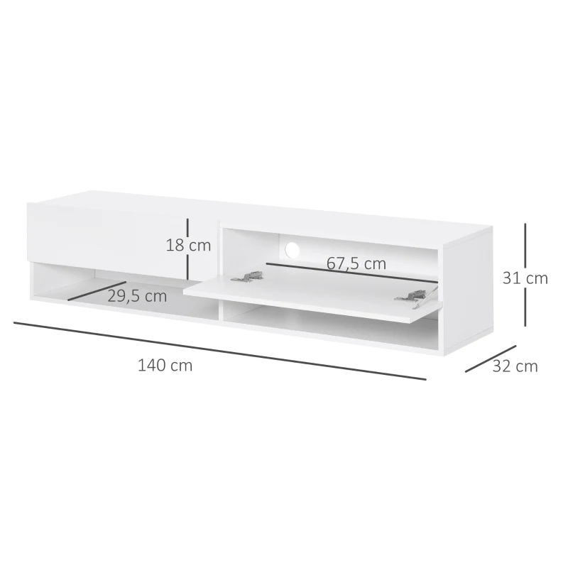 HOMCOM Móvel de TV de Parede com 2 Compartimentos e 2 Armários com  para Televisores de 60 Polegadas 140x32x31 cm Branco