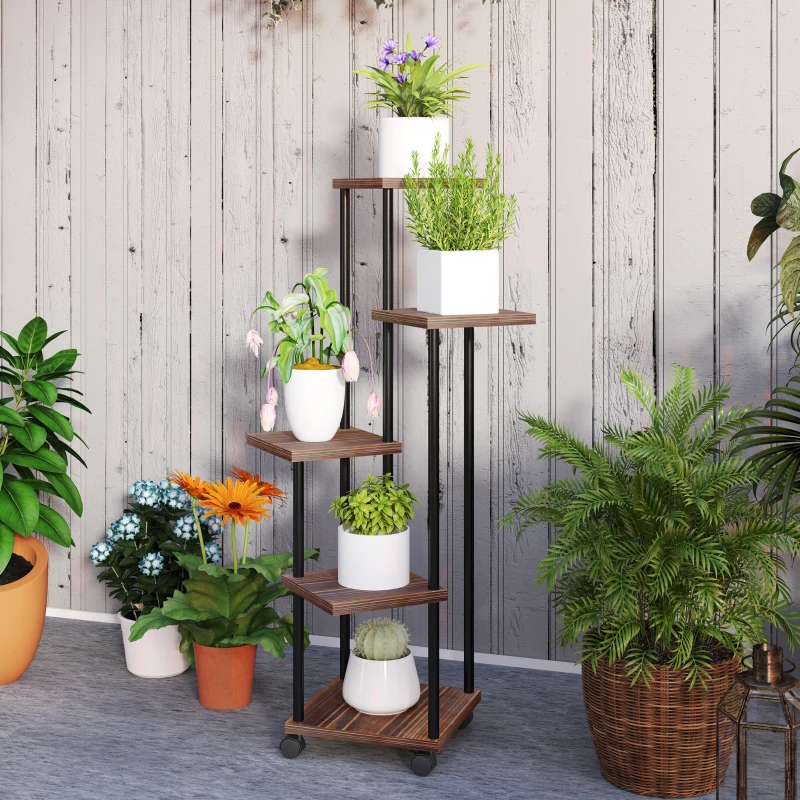 Outsunny Suporte para Plantas de Madeira e Aço com 5 Prateleiras e 4 Rodas Suporte para Plantas para Interior e Exterior 59x59x110 cm Madeira