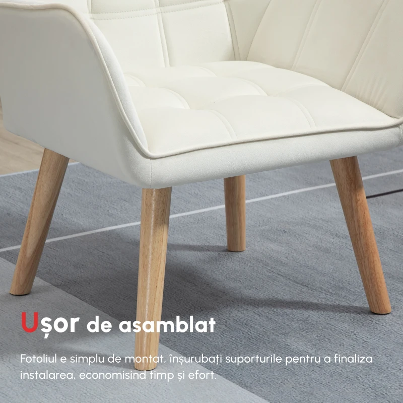 HOMCOM Fotoliu de design scandinav din lemn si catifea de culoare crem, pentru sufragerie sau birou, 67x61,5x71cm