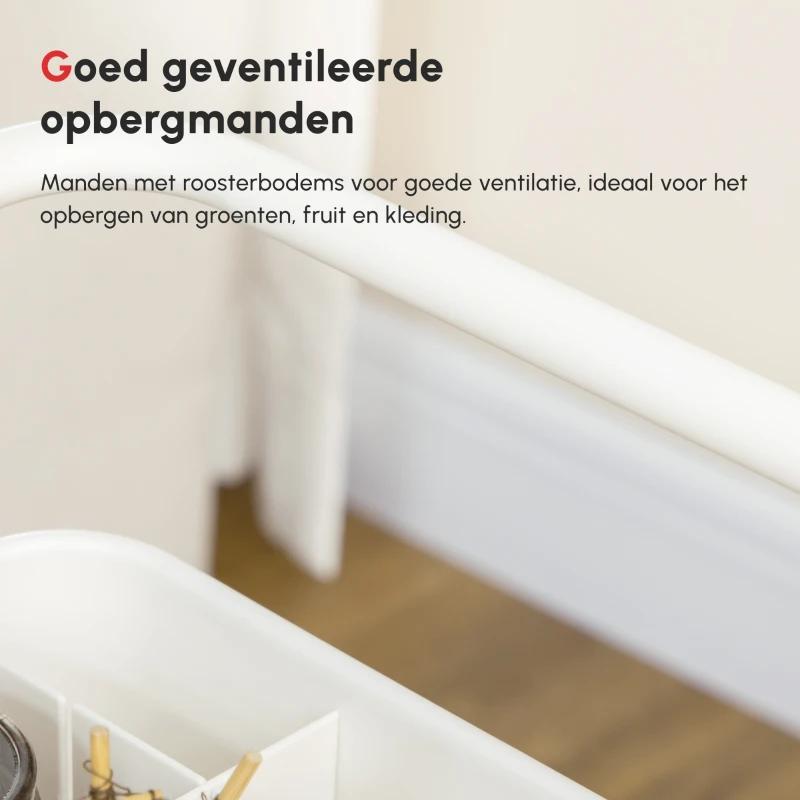 HOMCOM Rolwagen, Serveerwagen, 3 Opbergmanden, 3 Hangende Dozen, 4 Haken, Metalen Frame, 42 x 38 x 86,5cm, Wit