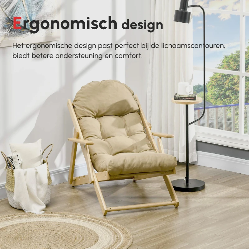 HOMCOM Accentfauteuil, Relaxfauteuil met Verstelbare Rugleuning, Beukenhoutframe, tot 120 kg, Bruin