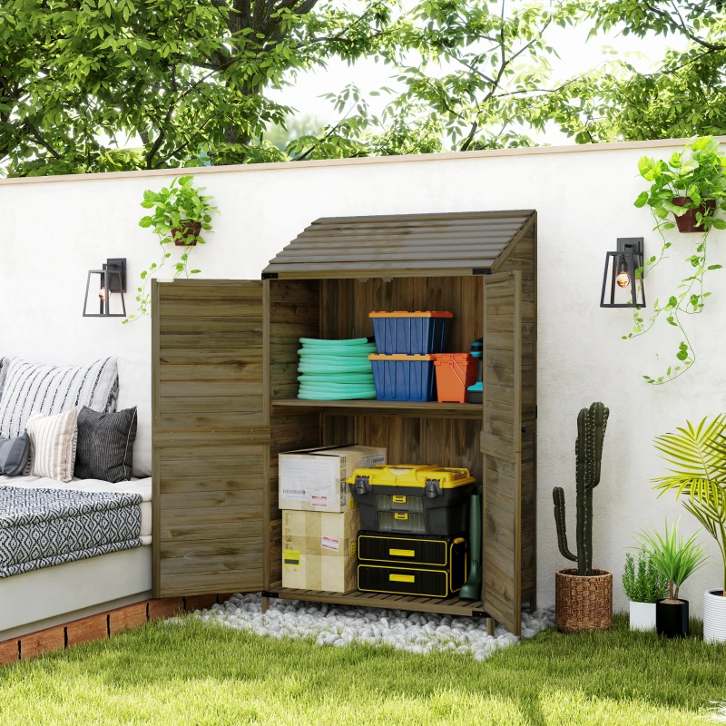 Outsunny 59 x 103.5 cm Two-Tier Wooden Garden Shed - Olive Brown