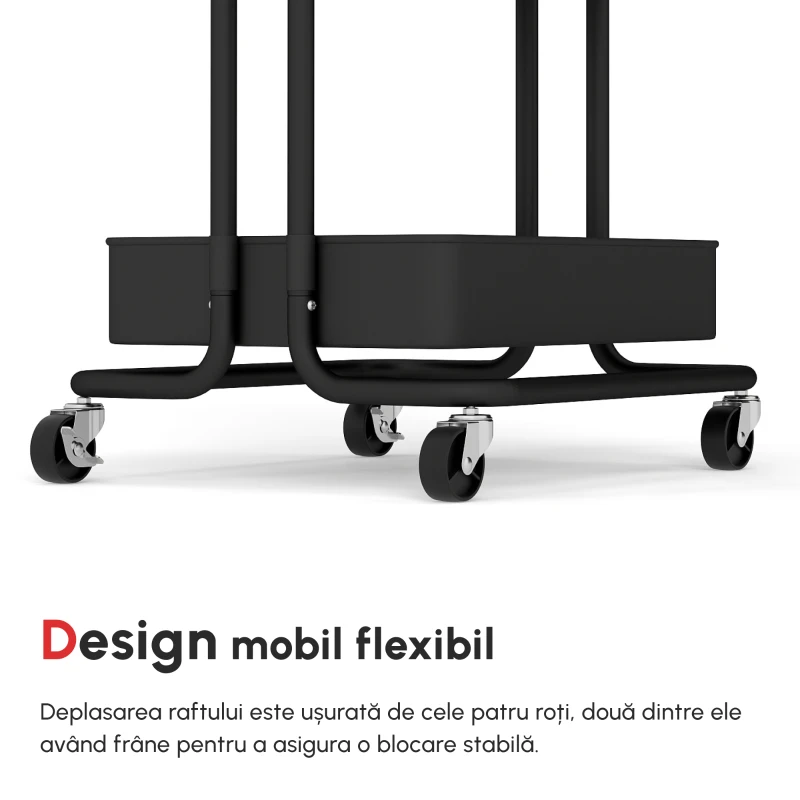 HOMCOM Cărucior de Bucătărie Multifuncțional cu 3 Nivele, Coșuri și Cârlige Detașabile, 42x38x86.5 cm, Negru