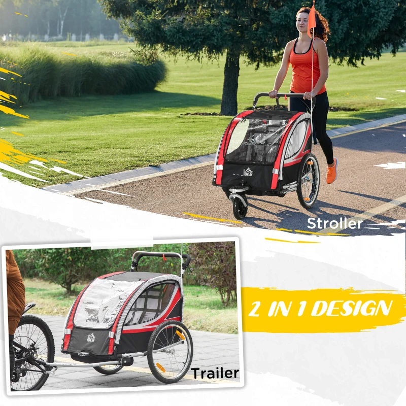 HOMCOM Child Bike Trailer 2 In 1 Baby Stroller 2-Seater Transport Carrier with Brake, 5 Point Harness, Storage Bag, Reflector, Flag, Red