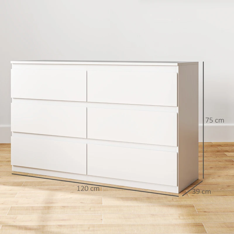 HOMCOM Cassettiera 6 Cassetti per Camera da Letto in Legno con Guide in Metallo, 120x39x75 cm, Bianco